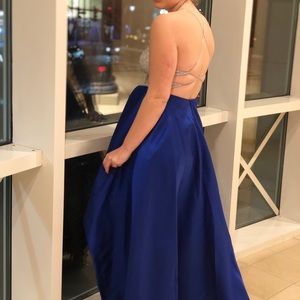 Backless Royal Blue and Silver High Low Gown